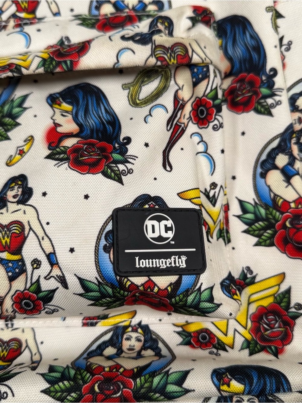 Loungefly DC Wonder Woman Tattoo Print Backpack Cream Red Black - Picture 2 of 11